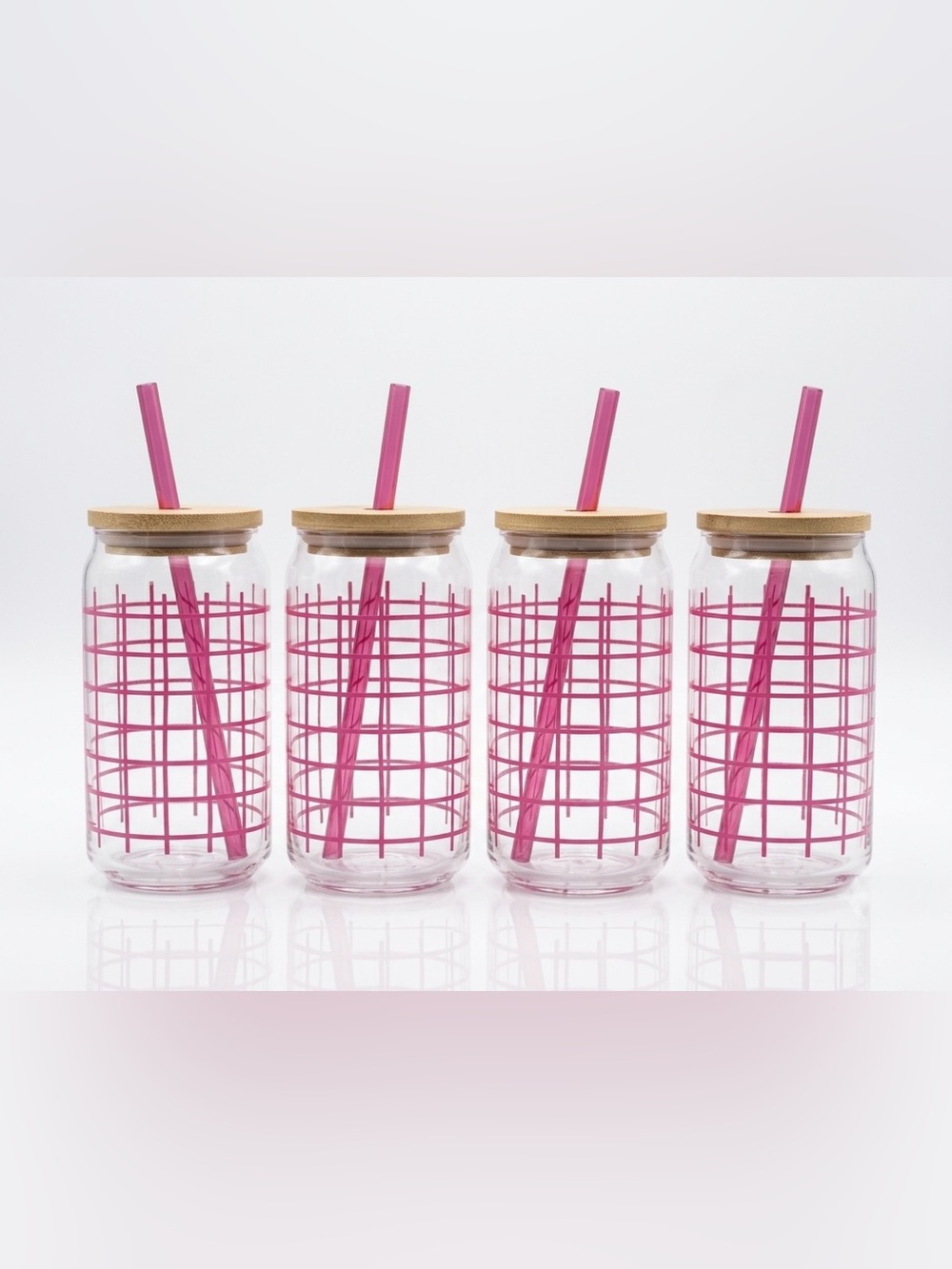 Unbranded Set of 4 Pink Grid Plastic Tumblers with Lids & Straws - NWOT